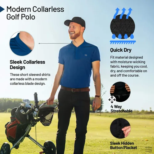 Vista 5 de Three Sixty Six Camisas de golf sin cuello de secado rápido para hombre, polo casual de manga corta, tela elástica
