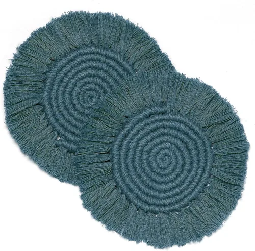 Vista 6 de Paquete de 2 posavasos de algodón hechos a mano de macramé, elegantes y absorbentes, 7.4 pulgadas, redondos, tejidos, bohemios, con borlas de flecos