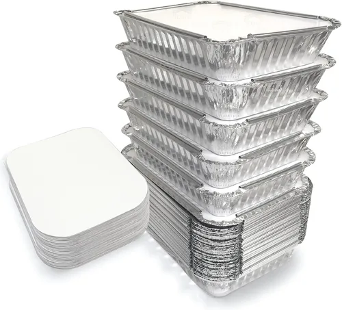 Vista 10 de Paquete de 55 - Bandejas Pequeñas de Papel Aluminio con Tapas - Recipientes de Comida para Llevar con Tapas 1lb Mini Bandejas de Aluminio Seguras
