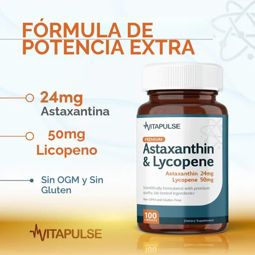 Vista 4 de Astaxantina 24 mg con suplemento de licopeno de 50 mg, 100 cápsulas vegetarianas, sin OMG, sin gluten