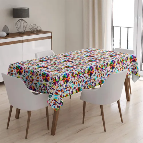 Vista 2 de Q-Beans Mantel decorativo rectangular [Tamaño: 52 x 70 pulgadas], mantel lavable y reutilizable para interiores y exteriores (estilo otomí mexicano)