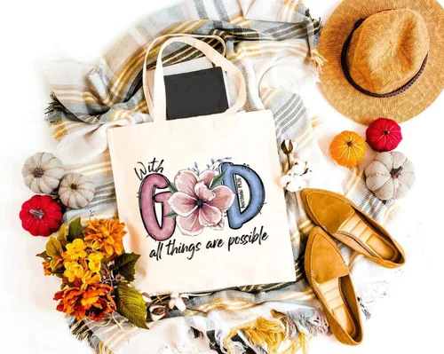 Vista 3 de With God All Things Are Possible - Bolsa de lona para mujer, flores estéticas, reutilizables, bolsas de comestibles, regalos cristianos