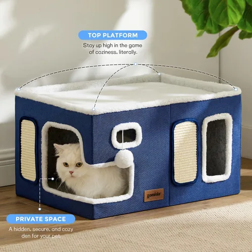 Vista 6 de ZOMISIA Casa térmica para gatos de interior – Cama grande de calentamiento para gatos para invierno con bola esponjosa colgante y almohadilla