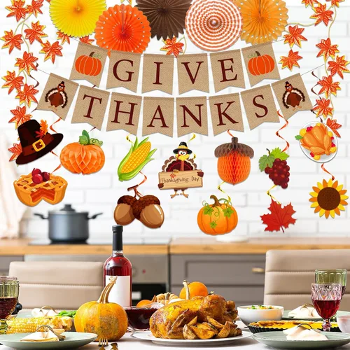Vista 6 de Decoraciones de Acción de Gracias, pancarta de agradecimiento y calabaza, pavo, remolinos colgantes, guirnalda de hojas de arce, decoración temática