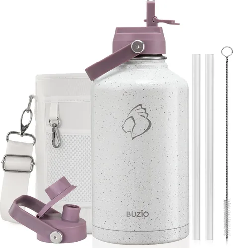 Vista 84 de BUZIO Botella de agua aislada de 24 oz, frasco de agua de boca ancha de acero inoxidable con tapa de pajita, frío durante 48 horas a prueba de Negro