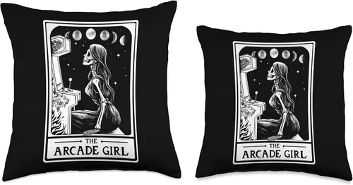 Vista 3 de The Arcade Girl Retro Arcade Gaming 80s Tarot Card Skeleton Throw Pillow