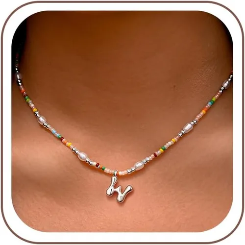 Vista 47 de Ritach - Regalos de Navidad para nietas, adolescentes y niñas, collar con inicial de perlas de colores claros, collar con dije de burbuja dorada