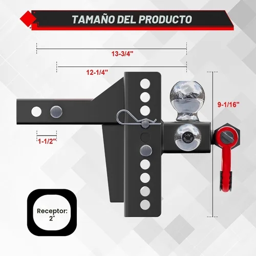 Vista 2 de TYT - Enganche de remolque ajustable de tres bolas para receptor de 2 pulgadas, caída/elevación de 4.5", bolas triples (1-7/8", 2", 2-5/16")