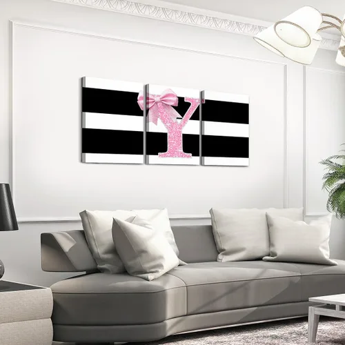Vista 30 de Erosebridal Lienzo decorativo con monograma de 12 x 16 pulgadas, diseño de letra inicial de lazo rosa, decoración de pared, rayas blancas y negras