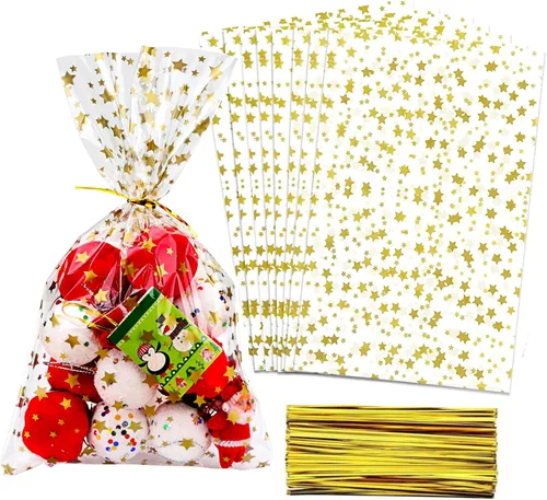 Vista 8 de 100 bolsas de celofán, bolsas de celofán transparente impresas con estrellas doradas de 3 x 5 pulgadas, 100 lazos giratorios, para envolver regalos