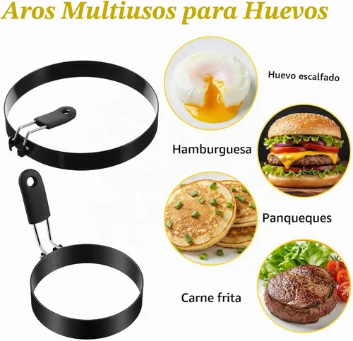 Vista 4 de Juego de 8 anillos de huevo de 3.5 pulgadas, molde para panqueques de 6 pulgadas con mango de silicona, anillo de huevo para panqueques, moldes