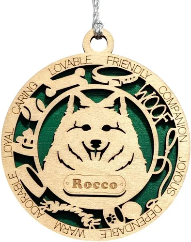 Vista 191 de Adorno de Navidad personalizado para perro Cavalier King Charles Spaniel, redondo de 3 pulgadas, madera cortada con láser de 2 capas, nombre y texto