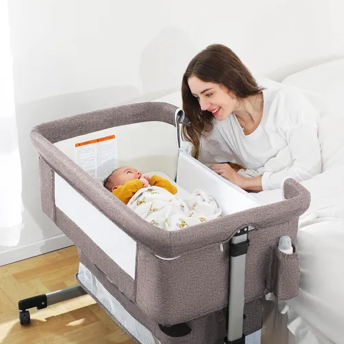 Vista 12 de Ihoming Moisés para bebé, cuna lateral con cesta de almacenamiento, cuna plegable fácil, cama ajustable para bebé recién nacido, gris