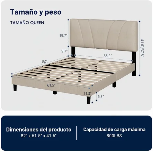 Vista 2 de Avenco Base de cama Queen, armazón de cama de plataforma tapizada tamaño Queen con cabecera ajustable, fácil montaje, no necesita somier, color beige