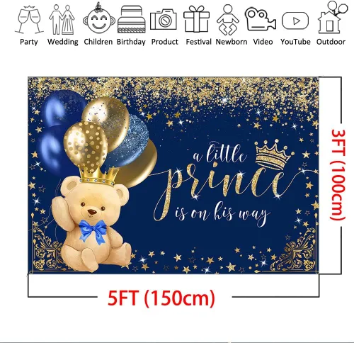 Vista 4 de Mocsicka Telón de fondo de oso con corona real para niños, baby shower, globo azul marino de oso real, un principito está en su camino, fondo