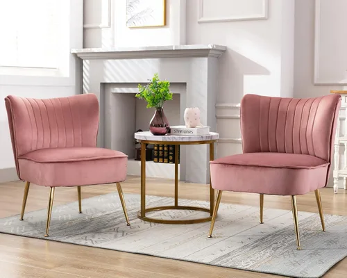 Vista 13 de Juego de 2 sillas decorativas de terciopelo, cómodas sillas de sala de estar, sin brazos, sofá individual lateral de mediados de siglo con patas
