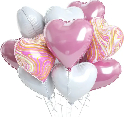 Vista 49 de Globos de corazón azul bebé, 10 piezas de globos en forma de corazón azul claro y blanco pastel, globos de papel de aluminio blanco arena crema