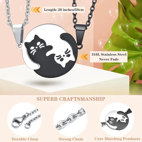 Vista 3 de Collar a Juego para Parejas, Collar Personalizado con Colgante de Gato Mascota Yin Yang, Collares de Promesa de Novio y Novia para Él y Ella, Regalo