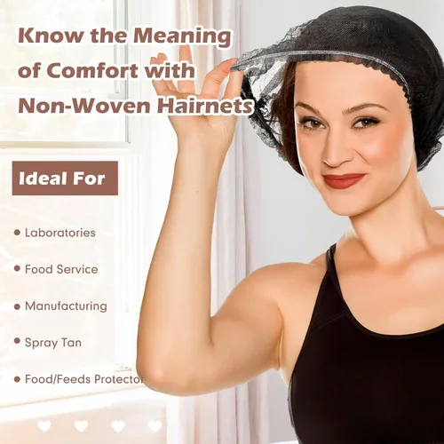 Vista 3 de Yahenda 500 gorras desechables Bouffant a granel para el cabello, redecillas elásticas para el polvo, para servicio de alimentos, enfermeras Negro