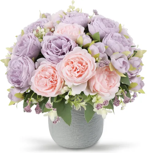 Vista 25 de Flores artificiales de seda, ramo de peonías sintéticas beige, 4 paquetes de arreglos florales para decoración de casa de campo, centro de mesa