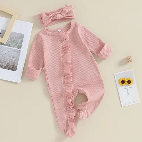 Vista 7 de Geogenry Ropa para bebé recién nacida, con volantes, con cremallera, para llegar a casa, ropa de otoñoinvierno de 0 a 12 meses