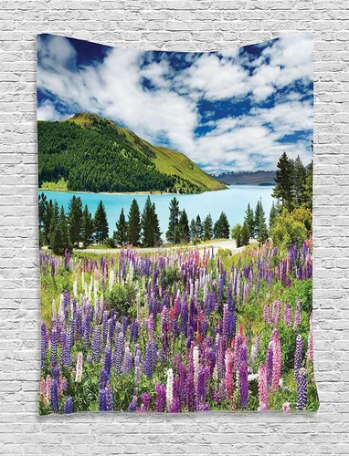 Vista 41 de Ambesonne Tapiz de paisaje, lago y pico glaciar nevado en Estados Unidos, ilustración de bosque de pinos altos, colgante de pared para dormitorio