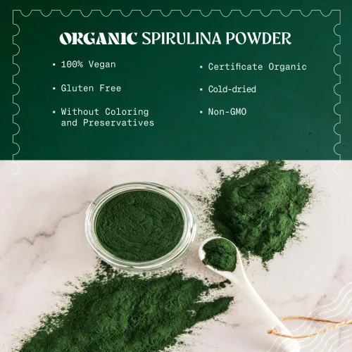 Vista 2 de NaturaleBio Polvo de espirulina orgánico 8 oz. Algas espirulina natural y cruda. Vegano y puro. Cultivado en la India en Tamil Nadu. Ideal