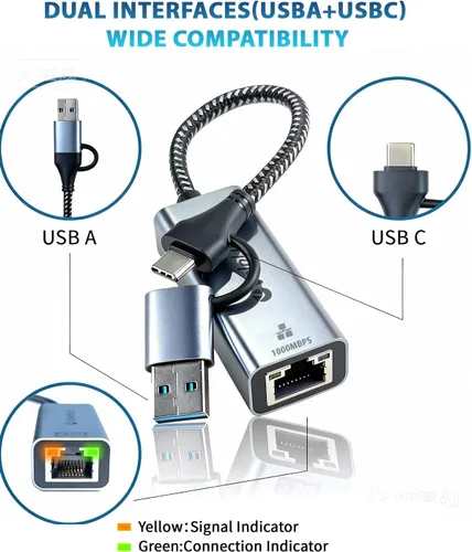 Vista 3 de Adaptador Ethernet a USB, 1 Gbps USB a RJ45 Gigabit LAN, USB 3.0 Ethernet compatible con 10/100/1000 Mbps. Compatible con portátiles, PC, Mac