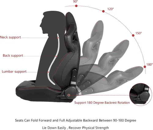 Vista 4 de IKON MOTORSPORTS, Asiento universal de carreras PU + cuero de carbono + gamuza, con deslizadores dobles, asiento deportivo reclinable negro