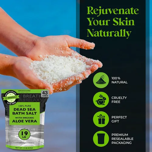 Vista 5 de Aromasong Sal del Mar Muerto con aloe vera orgánico, sales de baño de spa, paquete resellable fino a granel de 19 libras, 100% pura y natural