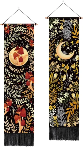 Vista 10 de ARTCREATOR Paquete de 2 tapices de sol y luna para colgar en la pared, tapiz estético vertical, arte misterioso, tapices largos para habitación