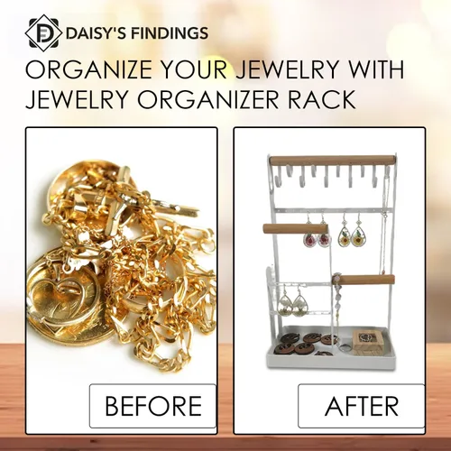Vista 4 de DAISY'S FINDINGS Soporte organizador de joyas de 4 niveles Organizador de joyas para aretes, collares, pulseras, anillos, relojes... 10 ganchos