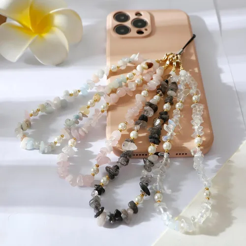 Vista 6 de Correa de muñeca para teléfono, con piedras preciosas naturales, con cuentas para teléfono celular, para mujeres y niñas (negro)