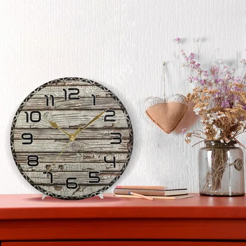 Vista 5 de Old Wooden Wall Clock 10 Inch Silent Non-Ticking Battery Operated Clock Decorative for Kitchen, Bathroom, Bedroom, Living Room
