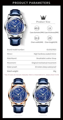 Vista 6 de OLEVS Reloj para hombre esfera de cielo estrellado Universo de Vía Láctea cuerda automática correa de cuero azul vestido de moda impermeable