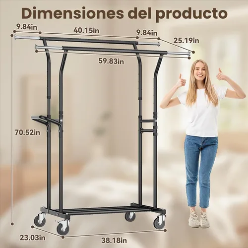Vista 8 de Perchero de ropa resistente de 800 libras: perchero con ruedas para colgar abrigos, barras dobles, estantes portátiles para ropa con ruedas, estante