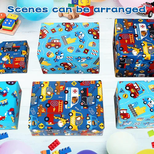 Vista 4 de BWLOIES Papel de regalo para niños y niños, hojas de papel de regalo de cumpleaños con coche de policía, camiones de bomberos, grúa, ambulancia