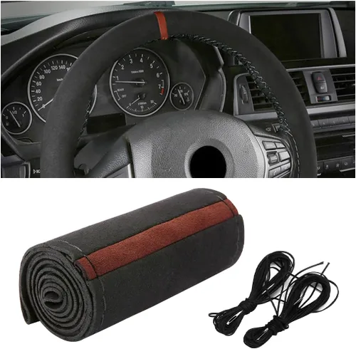 Vista 8 de Funda para volante de automóvil, protector envolvente completo de gamuza suave para volante con costura, con aguja e hilo, agarre cómodo, accesorios