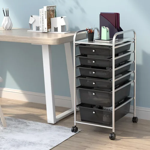 Vista 4 de Happygrill Carrito organizador de 6 cajones, carrito de almacenamiento móvil con cajones extraíbles y ruedas con cerradura, carrito de Negro