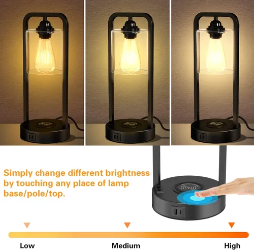 Vista 2 de Juego de 2 lámparas de mesa de carga inalámbrica para dormitorio, control táctil regulable con puertos USB tipo C y salida de CA, lámpara de mesita
