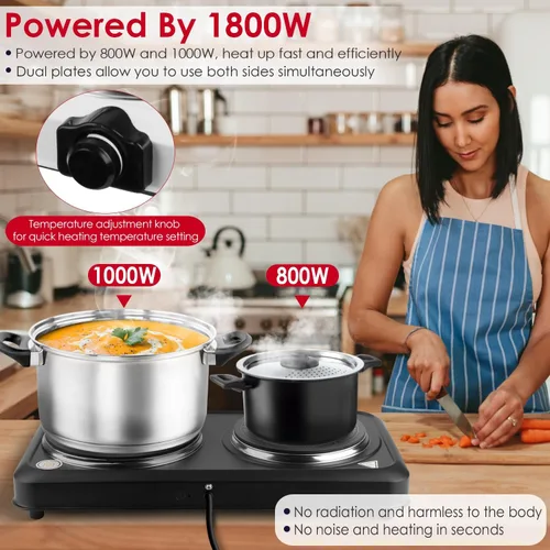 Vista 2 de TeqHome Quemador doble infrarrojo para encimera, placa eléctrica de 1800 W con placa de cocina de vidrio de cerámica de 7.5 pulgadas, temperatura