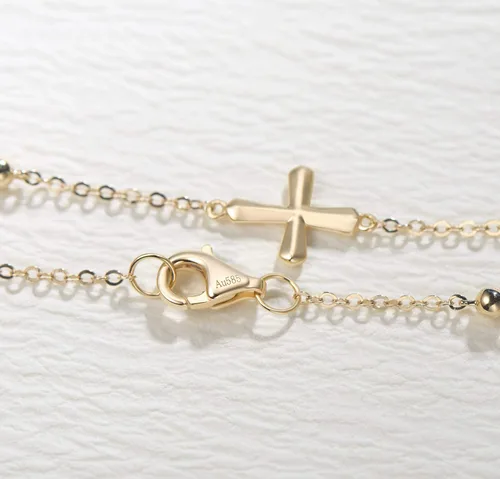 Vista 4 de FANCIME Pulsera de crucifijo de oro amarillo macizo de 14 quilates, delicada, joyería minimalista fina, bonita para aniversario, día de San