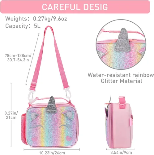 Vista 5 de Lonchera de unicornio para niñas con correas ajustables para el hombro, bonita lonchera aislada a prueba de fugas, con purpurina y brillo, bolsa