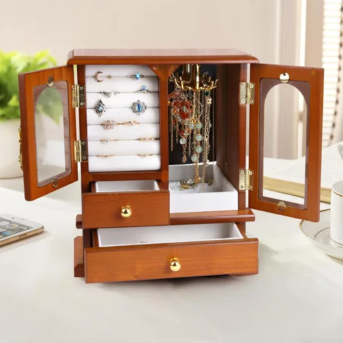Vista 5 de Kendal Joyero de madera para mujer, regalo de graduación, organizador de joyas sólido, regalos del día de la madre, joyero de madera con espejo