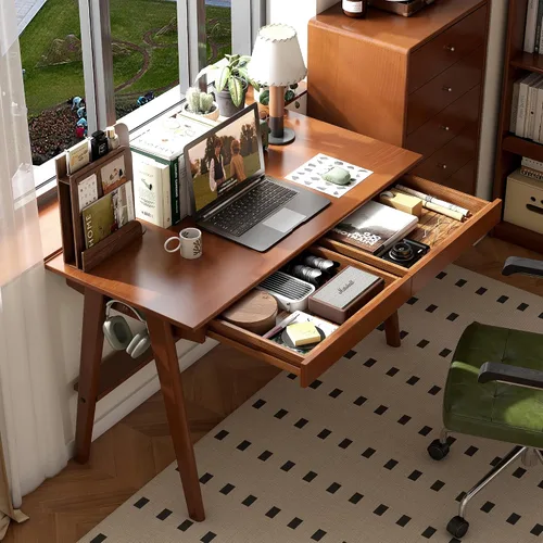 Vista 24 de Escritorio de madera maciza con acabado de nogal, escritorio pequeño para oficina en casa, escritorio de computadora para espacios pequeños