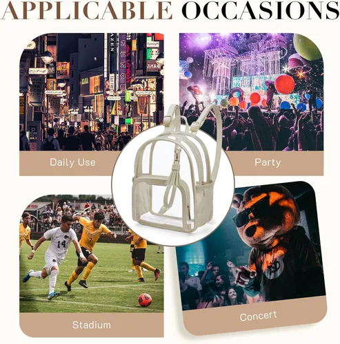 Vista 19 de Missnine Mochila transparente aprobada para estadios, mini bolsa transparente de PVC grueso con ribete de cuero para eventos deportivos, conciertos