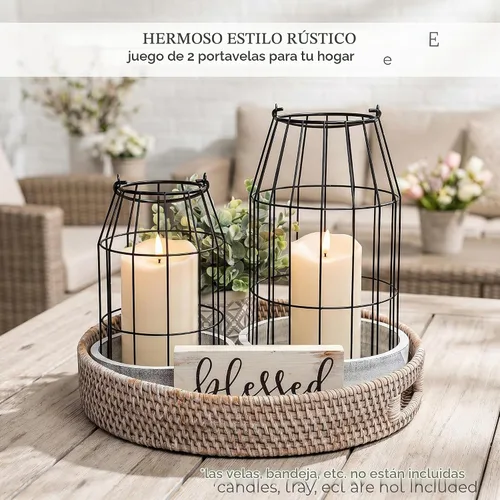Vista 5 de Juego de 2 linternas de granja rústica - Elegantes linternas decorativas para tu sala de estar, repisa de chimenea o mesa de comedor de la cocina