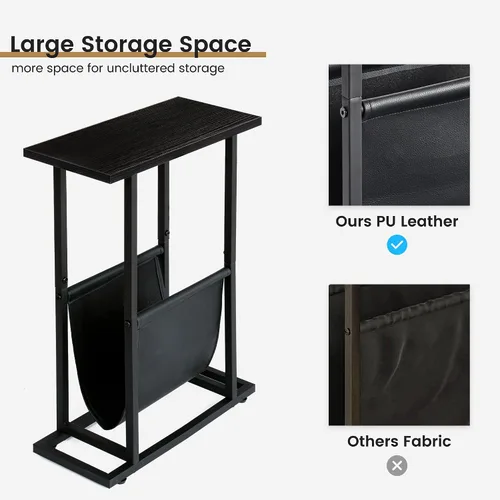 Vista 5 de FLYJOE Mesa auxiliar estrecha con revistero de piel sintética, estilo rústico, delgado, para sala de estar, dormitorio, sofá, color negro