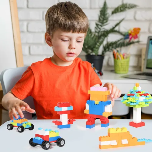 Vista 5 de 1000 ladrillos de construcción, bloques de construcción clásicos a granel para niños con 12 accesorios de ruedas, ventanas, puertas, 2 paquetes