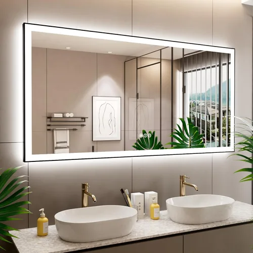Vista 35 de Espejo de baño LED de 24x28 pulgadas con marco negro, espejos de baño retroiluminados y con luz frontal para pared, antiempañamiento, regulable